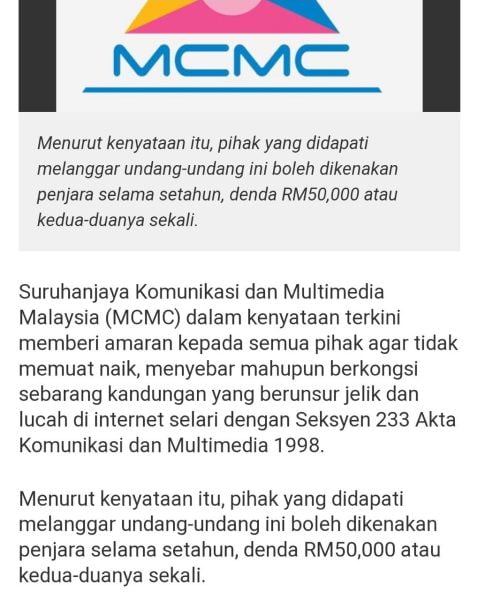 Suruhanjaya kommunikasi multimedia malaysia memberi amaran kepada orang ramai agar tidak menyebarkan