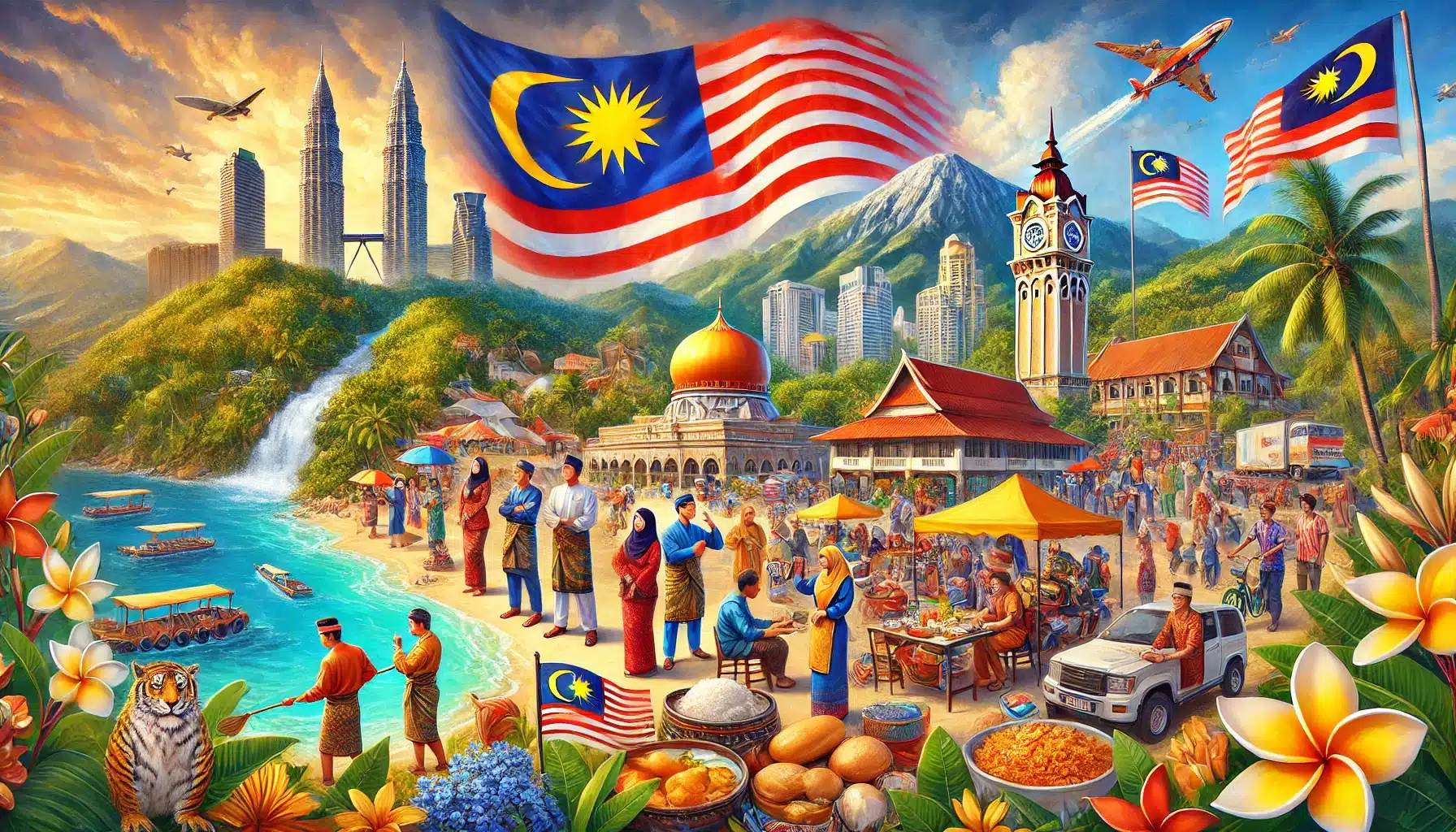 Dalle 2024 06 24 073930   a Vibrant Collage of Malaysian Tourism Highlights Featuring Realistic Depictions of Malaysias Natural Landscapes Such As a Beautiful Beach a Toweri