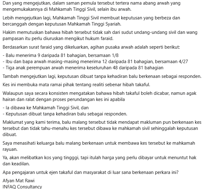 Takaful hibah 2 | hibah takaful rm1 juta dicabar keluarga arwah suami mahkamah putuskan wang jadi faraid | oh Tidak oh Media | oh Media Takaful