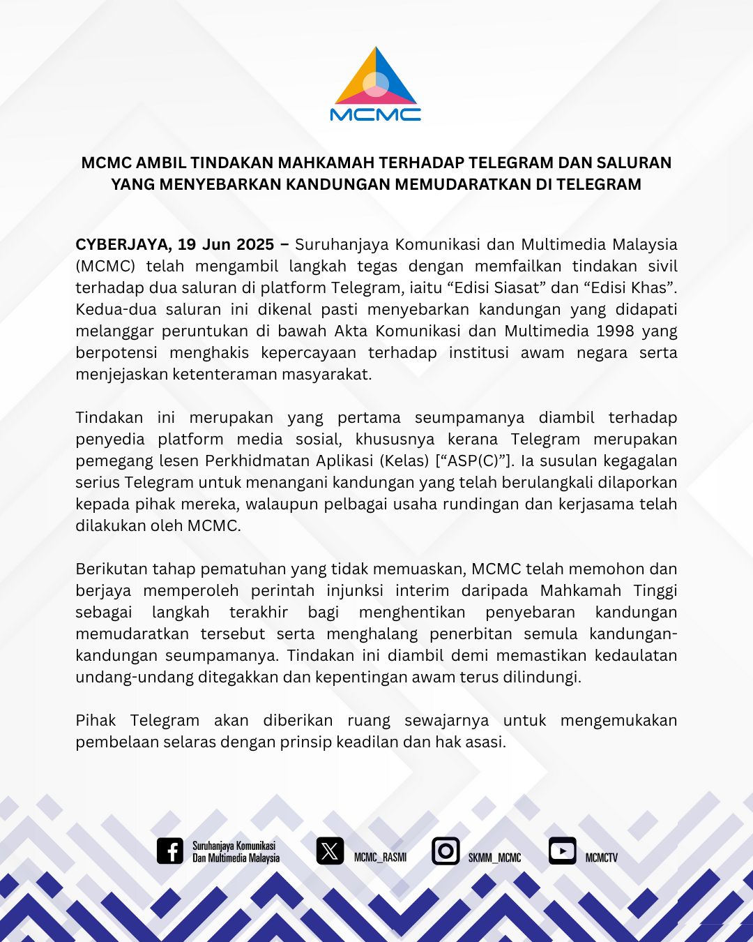 Mcmc | mcmc ambil tindakan sivil terhadap edisi siasat dan edisi khas di telegram | trending oh Media | oh Media Mcmc