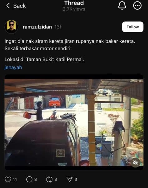 | lelaki bakar dua kereta motosikal sendiri turut hangus disambar api | oh Tidak oh Media | oh Media
