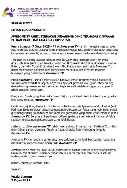 Awesome TV Saman Tiga Selebriti Atas Dakwaan Sebar Fitnah