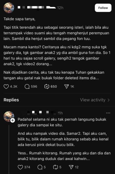 “Dalam Folder Deleted” – Isteri Jumpa Video Suami ‘Bersama’ Wanita Lain Dalam Rumah Sendiri
