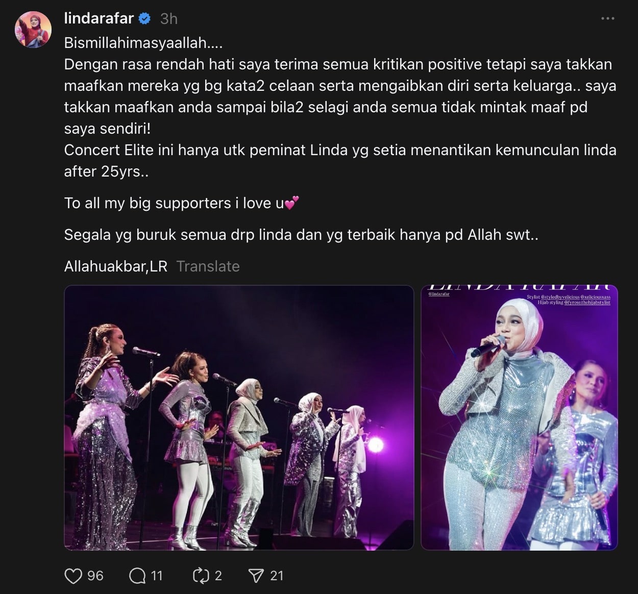 “Saya Takkan Maafkan” – Dikecam Pakai Ketat Masa Konsert Elite, Linda Rafar Bersuara