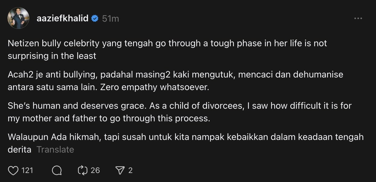 “She’s Human And Deserves Grace” – Aazief Khalid Tegur Netizen Buli Artis Bercerai