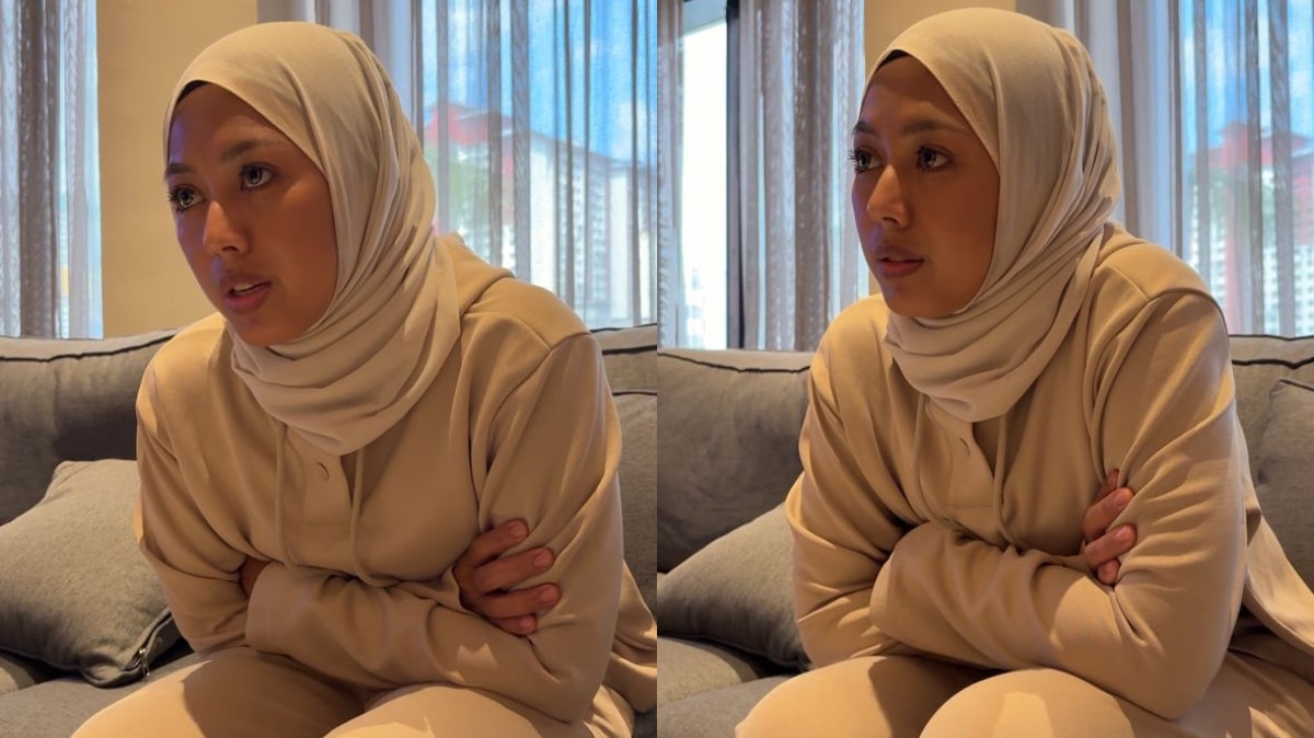 Azar azmi | azar azmi didakwa guna duit bantuan aliff syukri untuk ikat jamin suami ini apa kata tuan badan | trending oh Media | oh Media Woman in a Beige Hijab and Matching Outfit Sits on a Couch Arms Crossed Looking Thoughtful two panel Image