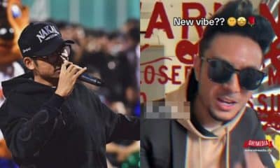 Split-screen image: left shows a rapper wearing a cap and hoodie singing into a microphone; right shows a man in sunglasses in front of red graffiti text.
