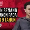Podcast thumbnail: man speaking into a microphone on the right, with bold Indonesian title about acting at age nine on a red background.