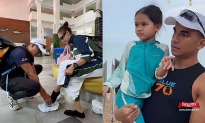 In a two-panel shot: left panel shows a man kneeling to tie a woman's sneaker in a modern indoor atrium, both wearing casual activewear and backpacks. Right panel shows a man in a sleeveless shirt holding a young girl in a teal jacket by the seaside, the girl pointing toward something off-camera.