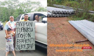 Collage: left side shows a Malaysian family beside a car, holding a handwritten sign asking forgiveness and to stop something; right side shows stacked metal pipes and long tubing on a dirt lot with orange caption text.
