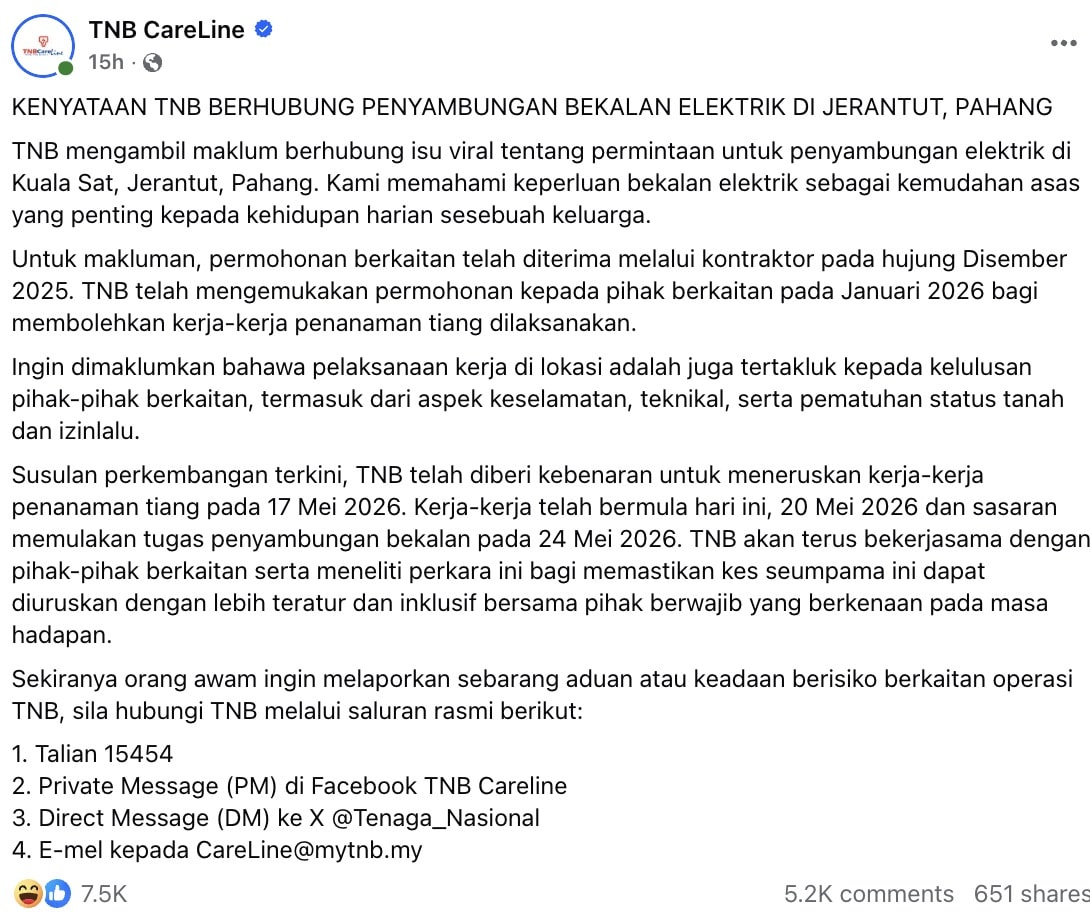 | tnb jelaskan isu keluarga 13 tahun tiada elektrik di jerantut kerja sambungan bermula mei ini | oh Media tnb