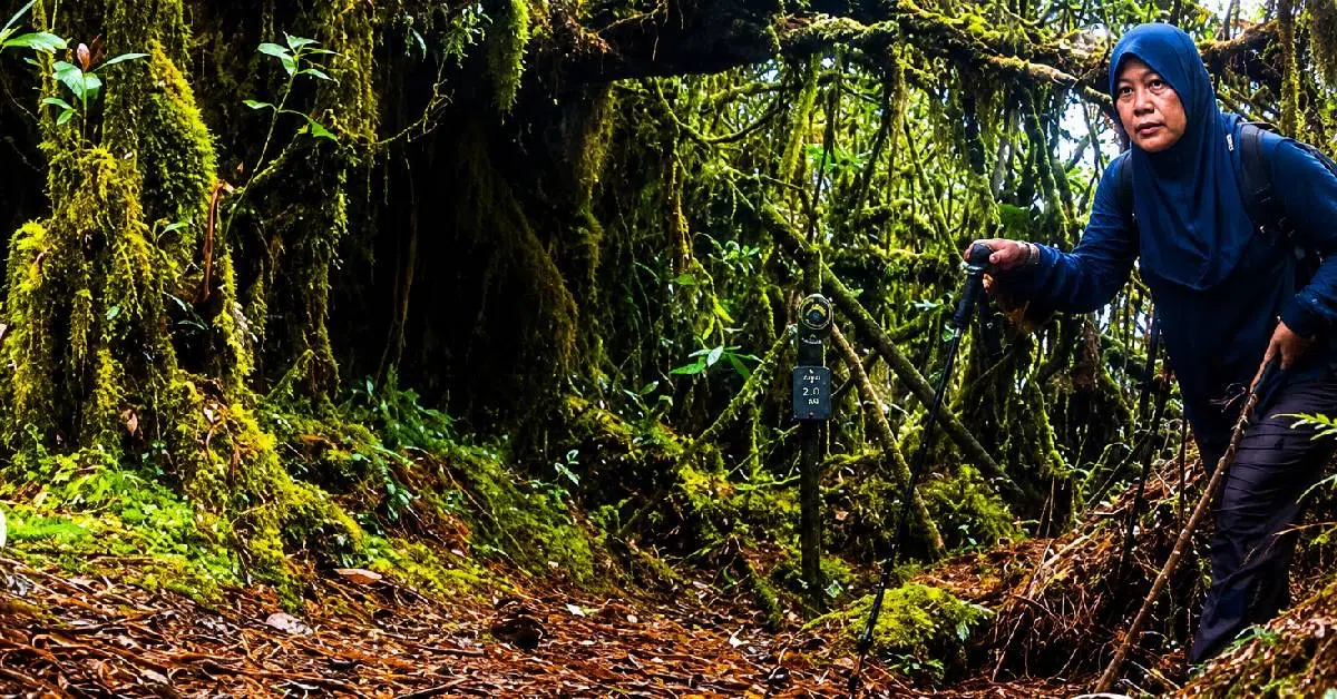Hiker wearing a blue hijab uses trekking poles on a mossy forest trail.