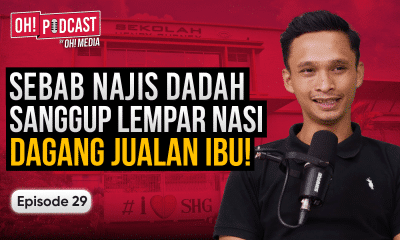 OH! Podcast thumbnail: host speaking into a mic on the right, bold Indonesian title about drug rumors and a mother's business, Episode 29, red backdrop