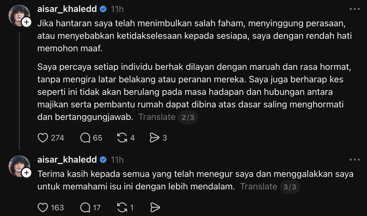 | saya tidak membuat kajian yang mencukupi aisar khaled mohon maaf isu pembantu rumah dan majikan | oh Media aisar khaled