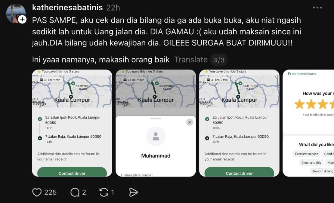 | tak sangka malaysia macam ni wanita indonesia kagum pemandu e hailing sanggup pandu sejam hantar wang tercicir | oh Media