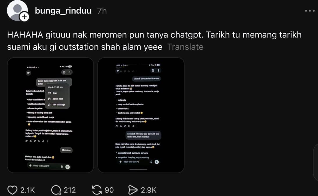 | nak romen pun tanya chatgpt suami kantoi curang ketika outstation selepas isteri periksa sejarah chat | oh Media