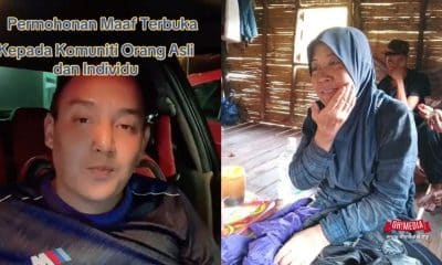 Two-panel image: left panel shows a man in a car looking at the camera with Indonesian apology text above; right panel shows a woman in a blue hijab seated in a wooden hut, touching her face, with people in the background.
