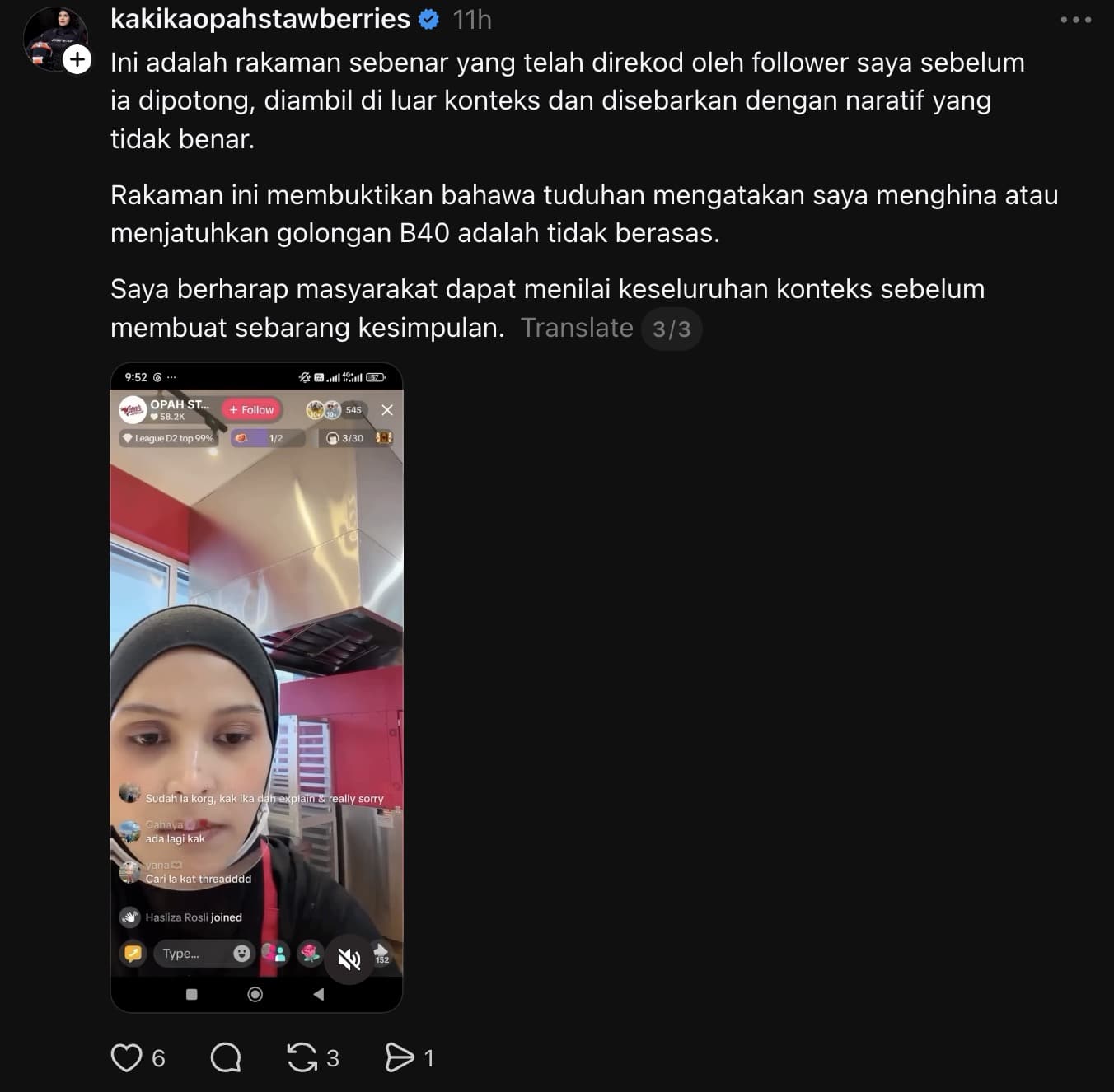 | saya tak ada niat hina b40 opah strawberries mohon maaf dakwa rakaman tersebar telah dimanipulasi | oh Media maaf