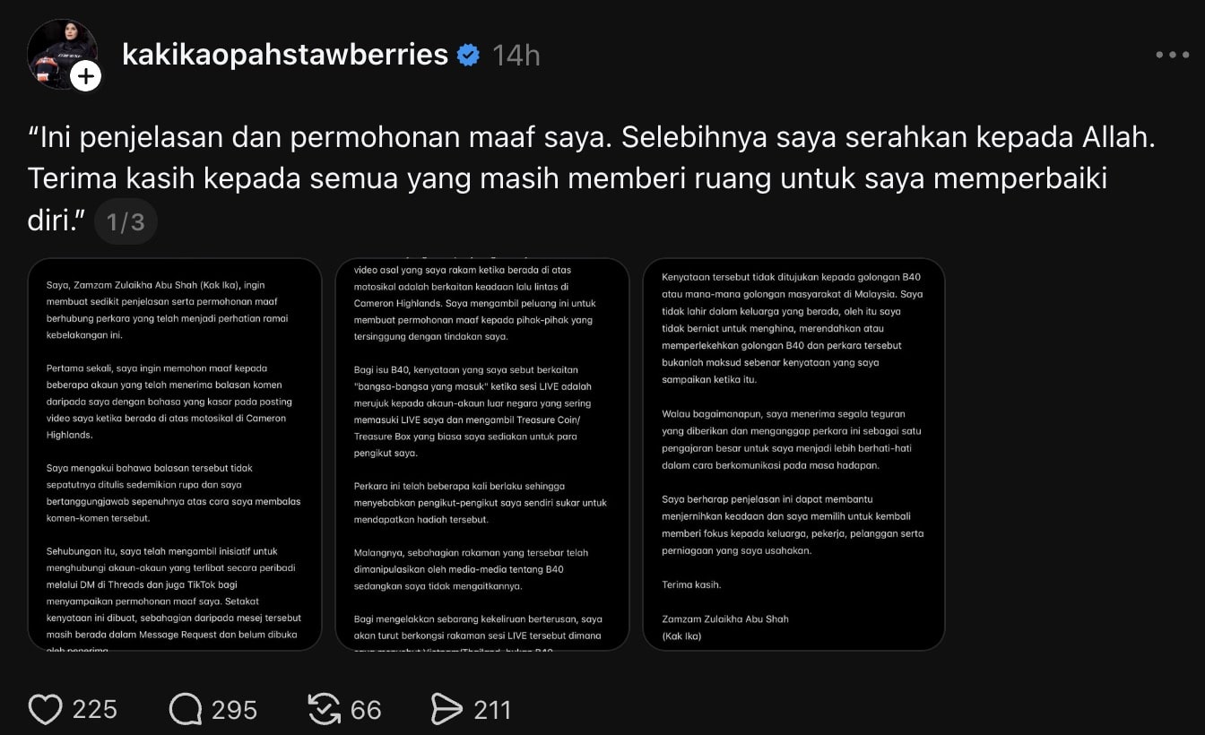 | saya tak ada niat hina b40 opah strawberries mohon maaf dakwa rakaman tersebar telah dimanipulasi | oh Media kak ika