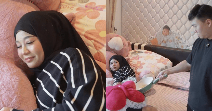 | view chin dan isteri dikecam netizen buat video double meaning | oh Media Two-panel photo: left shows a woman in a black hijab smiling while resting on a pink bed; right shows a man pouring from a bowl into another bowl on the bed, with a girl nearby among plush toys.
