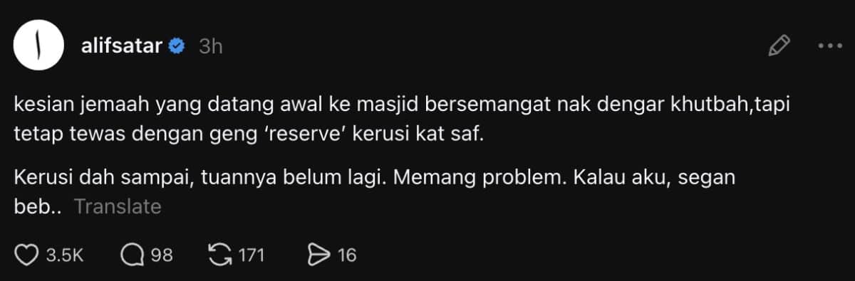 | kerusi dah sampai tuannya belum lagi alif satar tegur sikap reserve tempat dalam saf masjid | oh Media