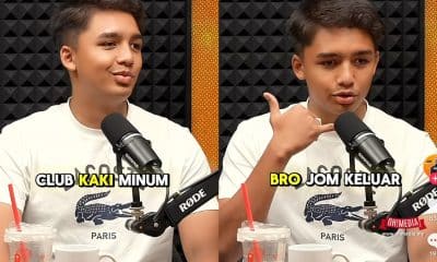 Side-by-side image of a man in a white shirt speaking into a studio microphone; left caption reads 'CLUB KAKI MINUM', right reads 'BRO JOM KELUAR'.