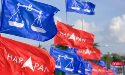 Flag parade with blue scales symbol and red Harapan flags fluttering in the wind against a blue sky.