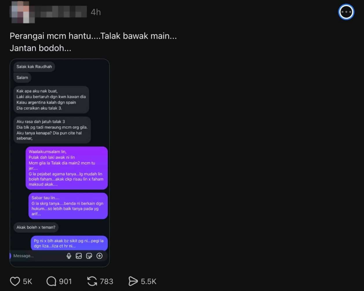 Suami cerai | dia balik pagi meraung macam orang gila suami didakwa panik lepas bertaruh talak 3 kalau argentina kalah | oh Media Suami Cerai