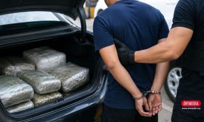 Suspect in a blue shirt is handcuffed by an officer beside an open car trunk filled with wrapped packages seized by police.