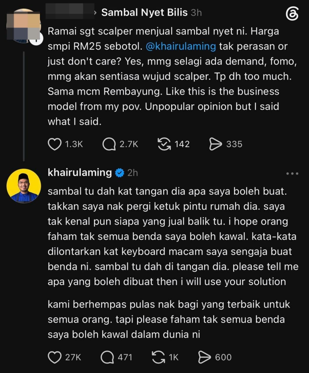Sambal ka | tak semua saya boleh kawal khairul aming bidas netizen isu scalper jual balik sambal bilis rm25 sebotol | oh Media Sambal Ka