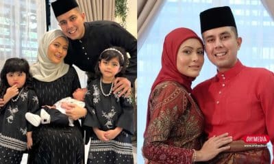 Two-panel collage: left shows a mother in a gray hijab holding a newborn baby, flanked by two young girls in black outfits with a man in black traditional clothing behind them; right panel shows a couple in red traditional attire posing closely together, the woman wearing a red hijab.