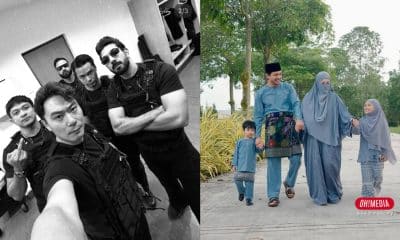 Split image: left shows men in tactical gear posing for a selfie; right shows a Muslim family in blue traditional outfits walking outdoors, holding hands.
