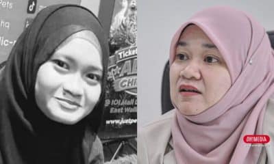 Side-by-side portraits of two women wearing hijabs: left in grayscale smiling, right in a pink hijab in an office setting with a watermark.